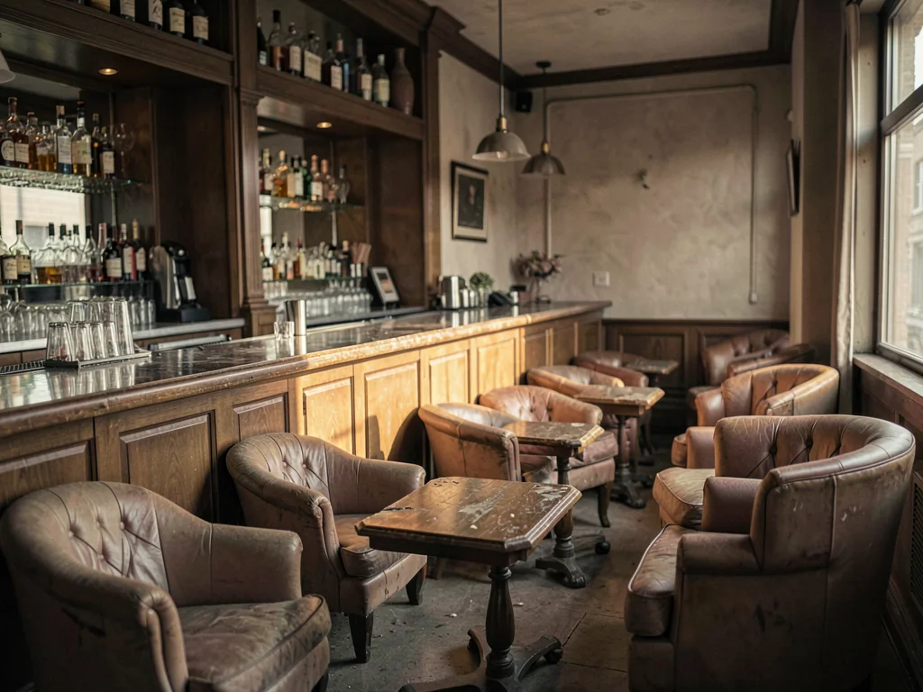 Empty hotel bar at 3pm, leather seats waiting, afternoon light making everything