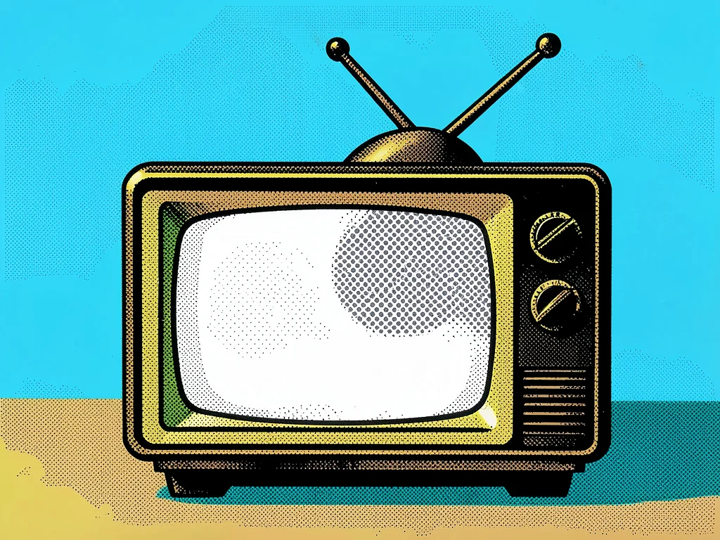 Television set turned on, screen glow as flat white, halftone scan lines