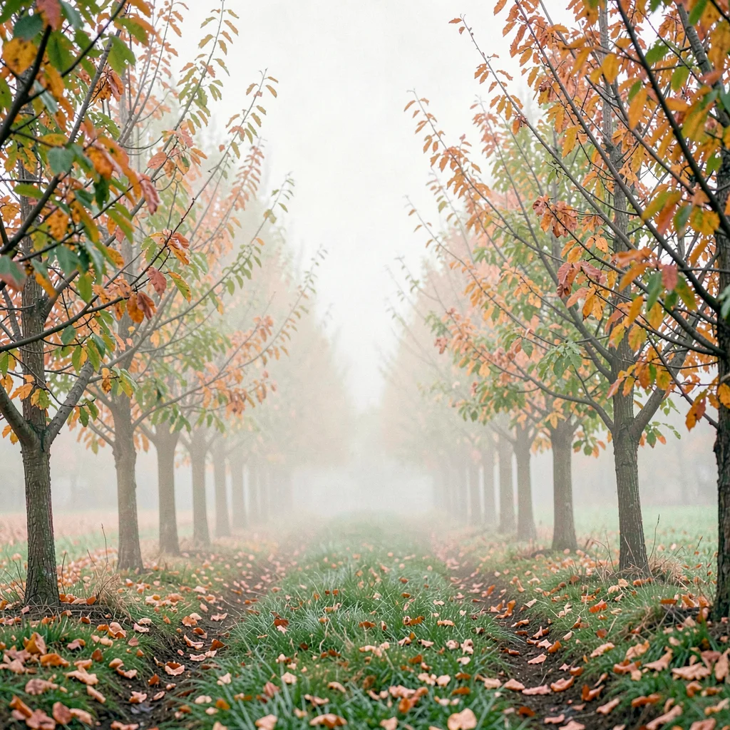 Pale wash of a small orchard in autumn, soft fog hanging between rows