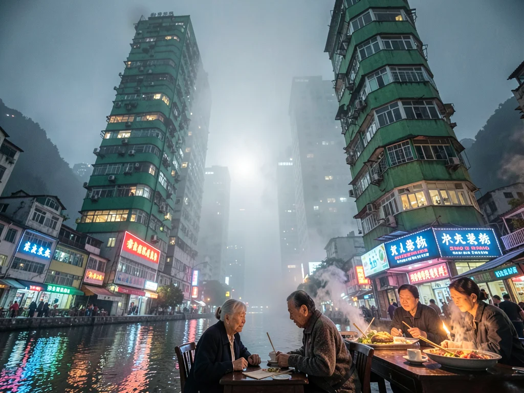 Elderly couple playing mahjong by river