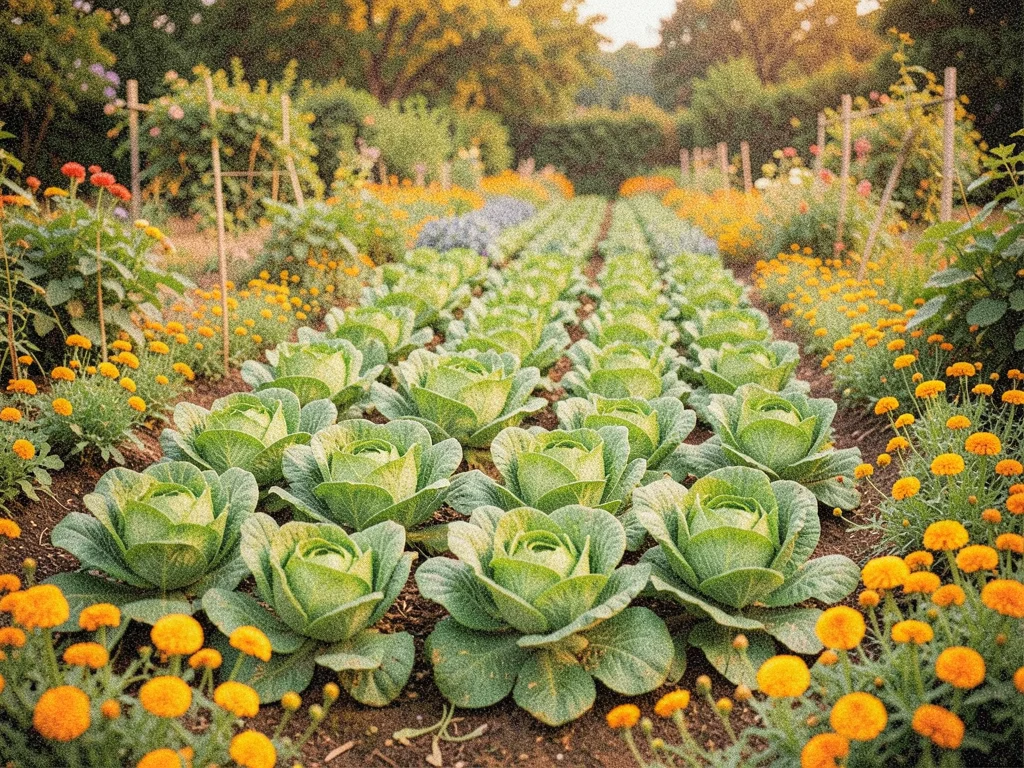 A kitchen garden with rows of lettuces in graduated green shades and marigolds p