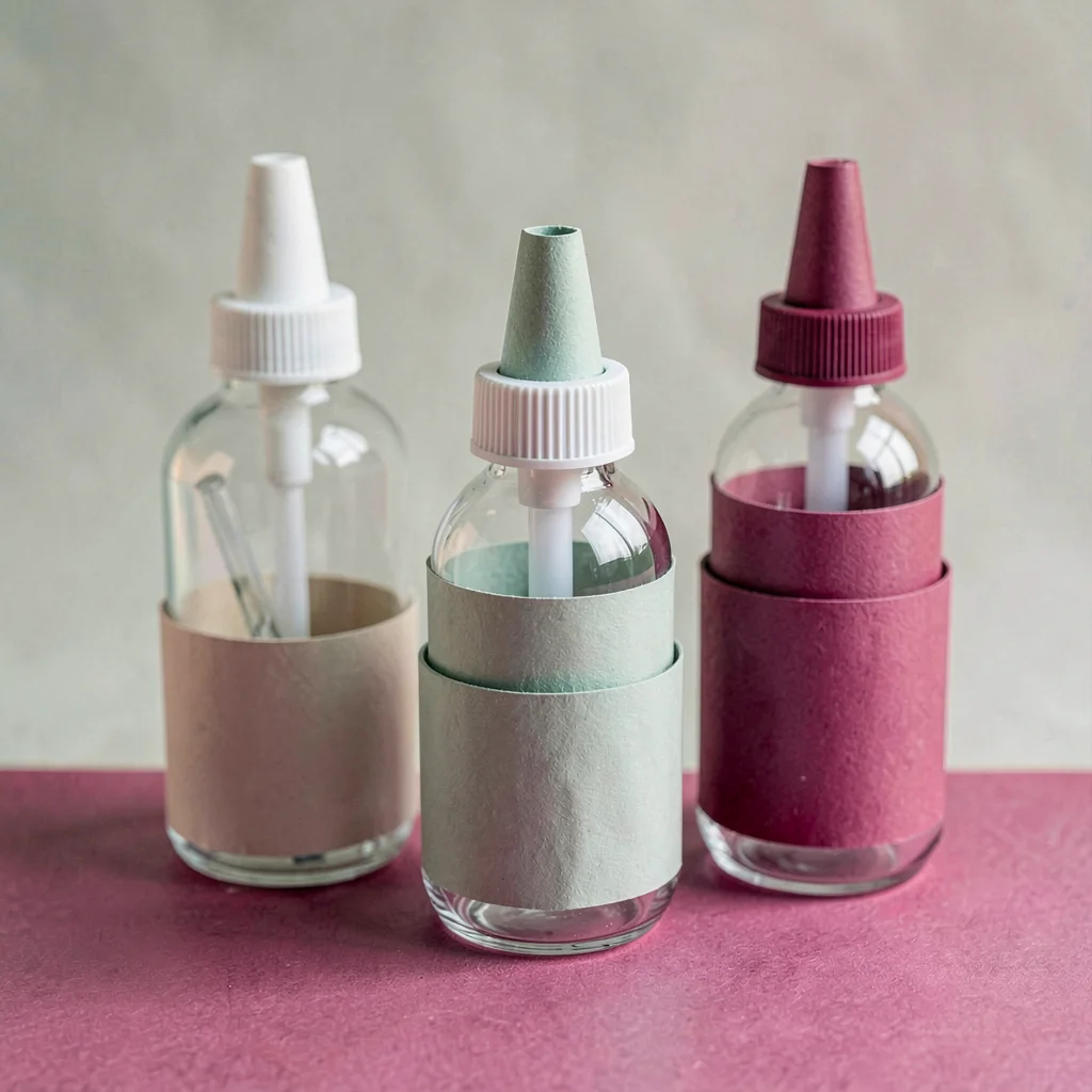 Papercraft composition of layered paper-cut acrylic squeeze bottles, soft sage a