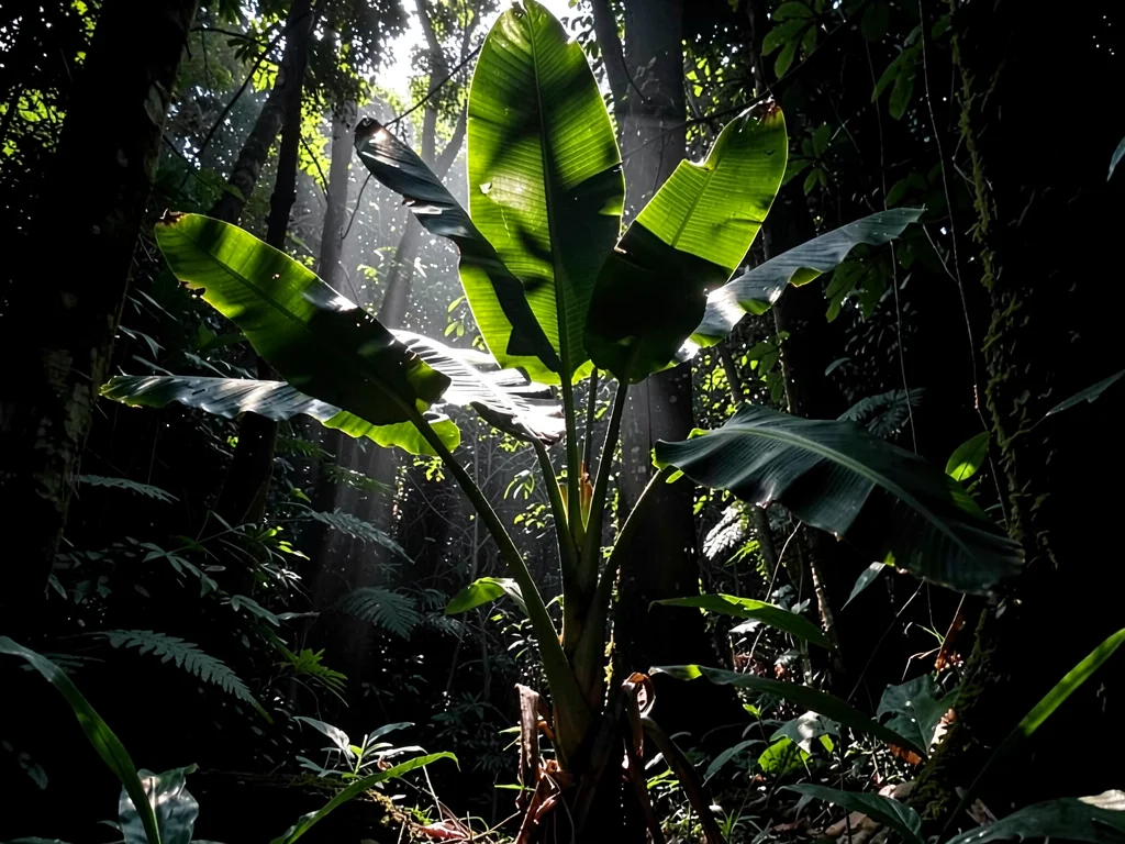 Heliconia leaves catching gap light against dark forest