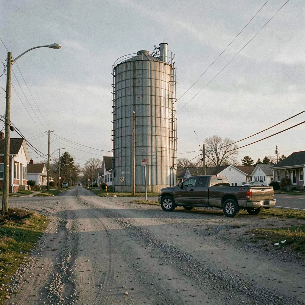 Quiet small town photography, contemplative scene, A grain silo at the edge of a