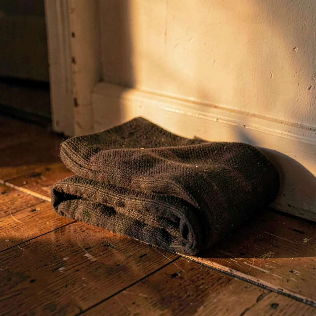 Warm product portrait of a folded runner over the corner of a worn floor, deep a