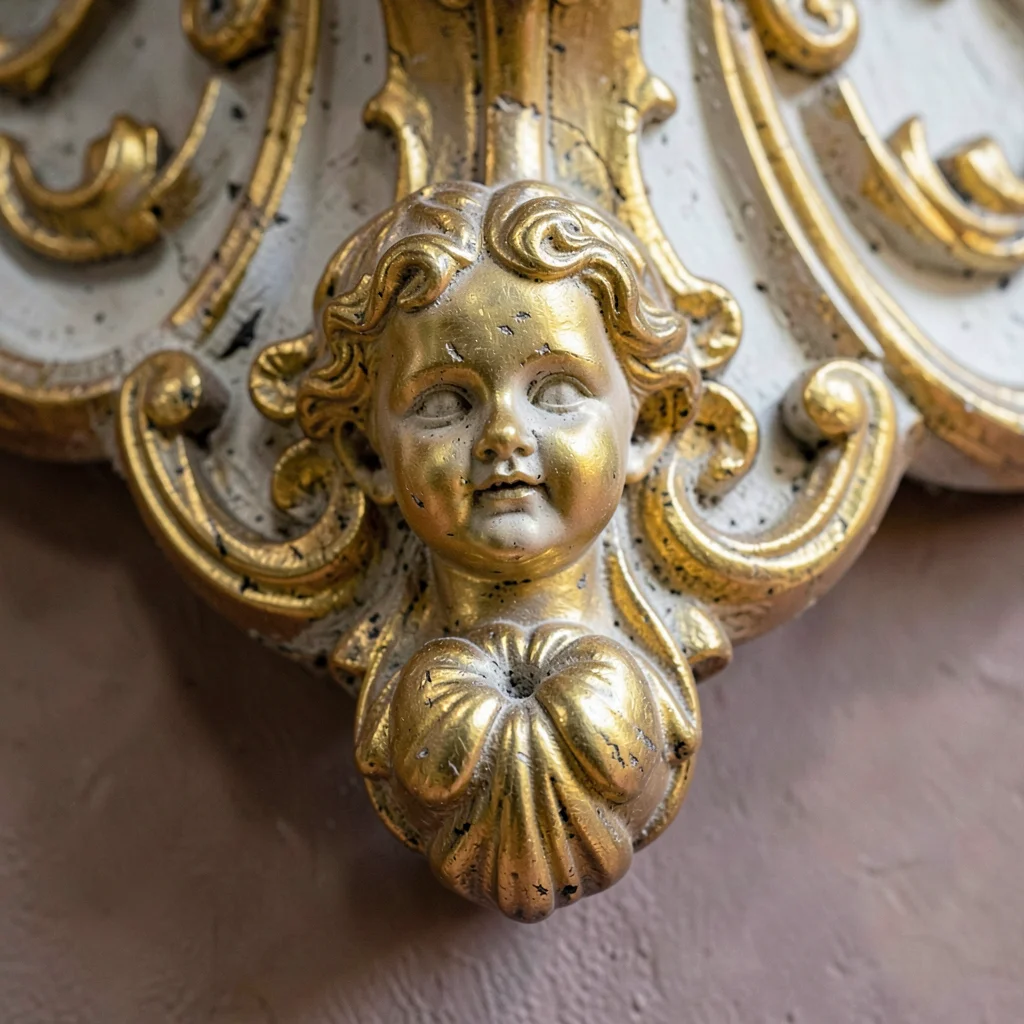 Baroque ornament fragment, Moravian gilt detail, Pew end carving, poppy head fin