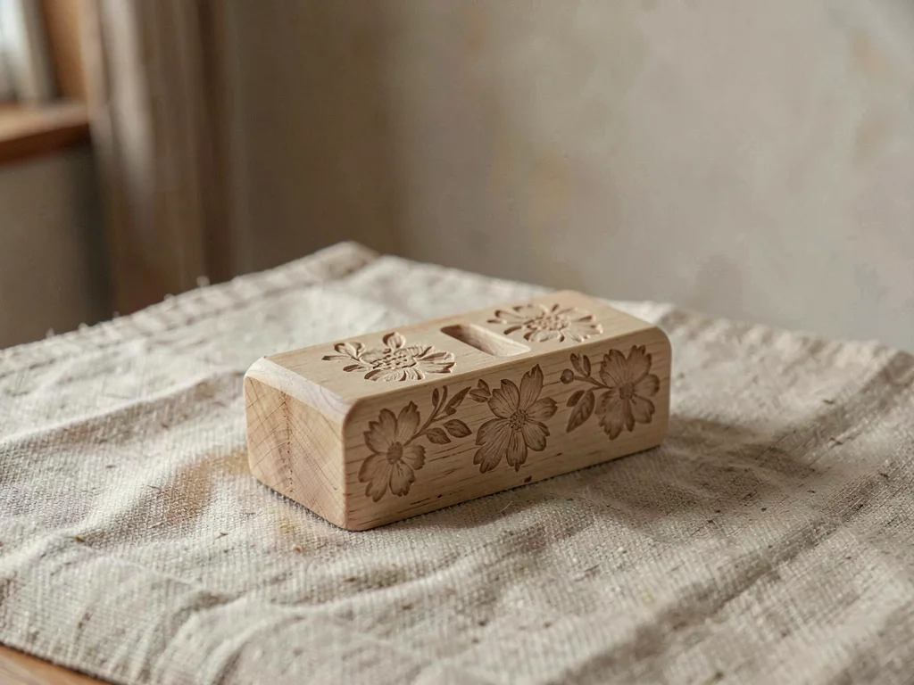 One handcarved wooden butter mold of pale birch with floral pattern resting cent