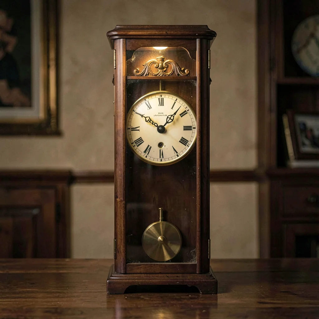 Vertical lamplit portrait of a tall analog chess clock with hands paused mid-tic