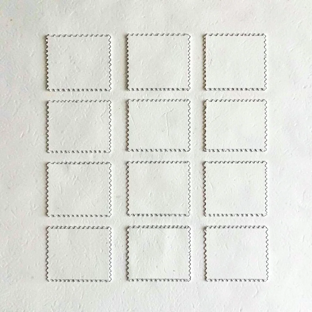 Modular grid of twelve postage stamp corners on cream card, faint paper grain