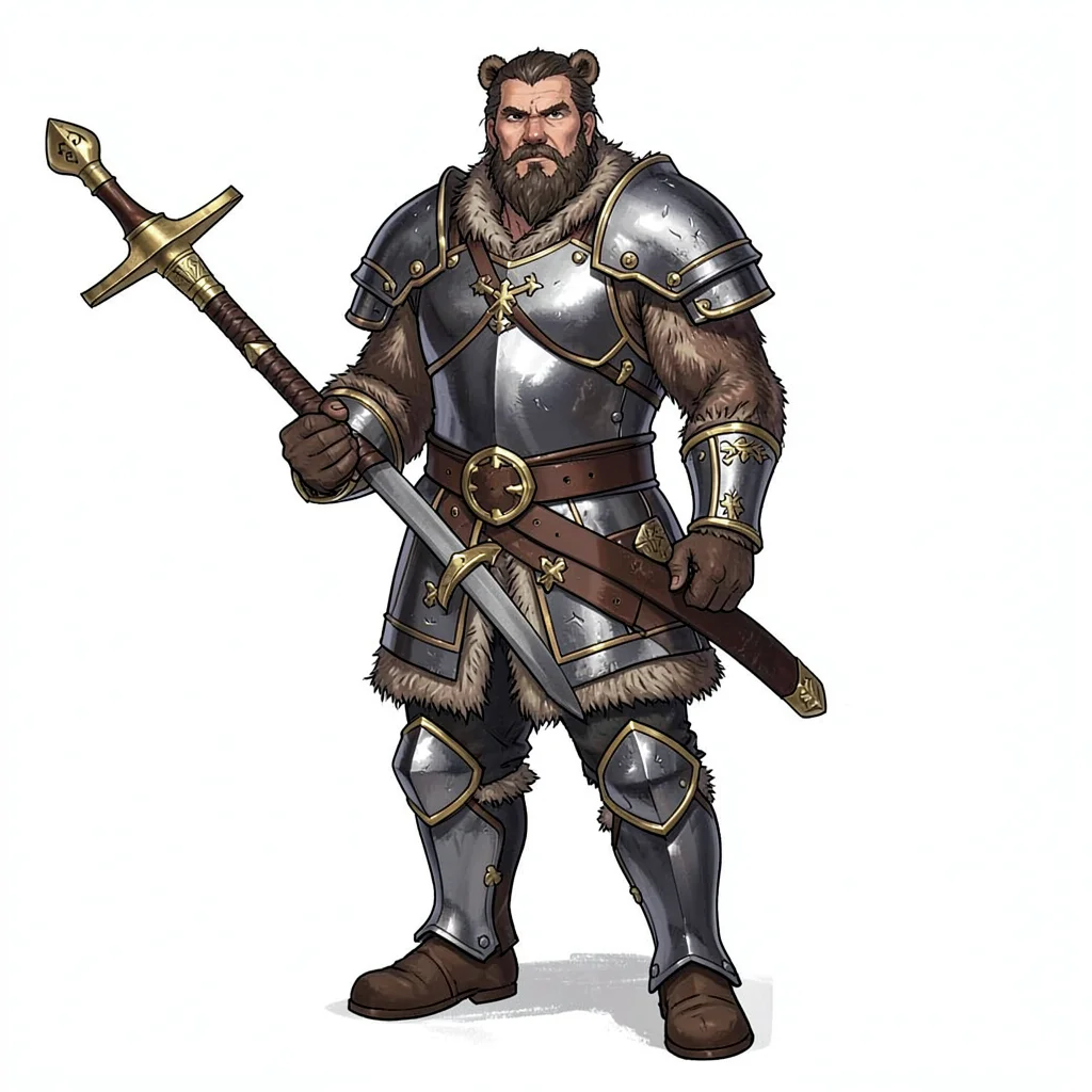 Fantasy armor illustration, a viking chieftain's mail with bear pelt and golden 