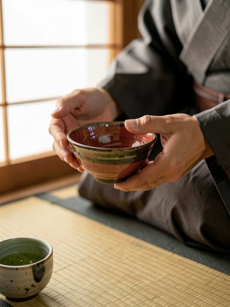 Hands holding bizen chawan at ceremony