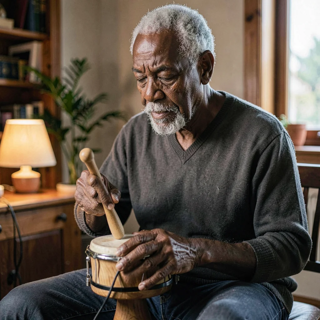 A patient Black music-therapist in his sixties tapping a small drum with a soft 