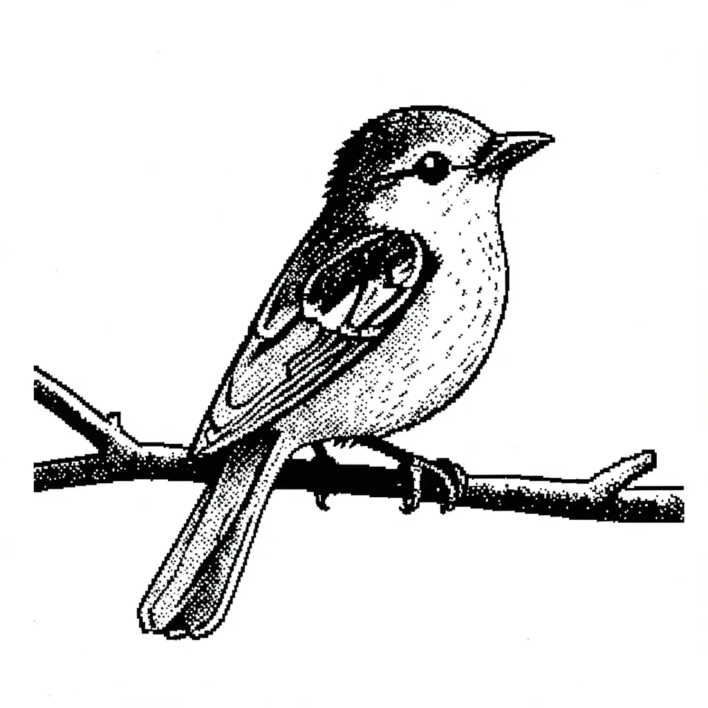 1-bit dithered illustration, bird on branch , black and white only, dither patte