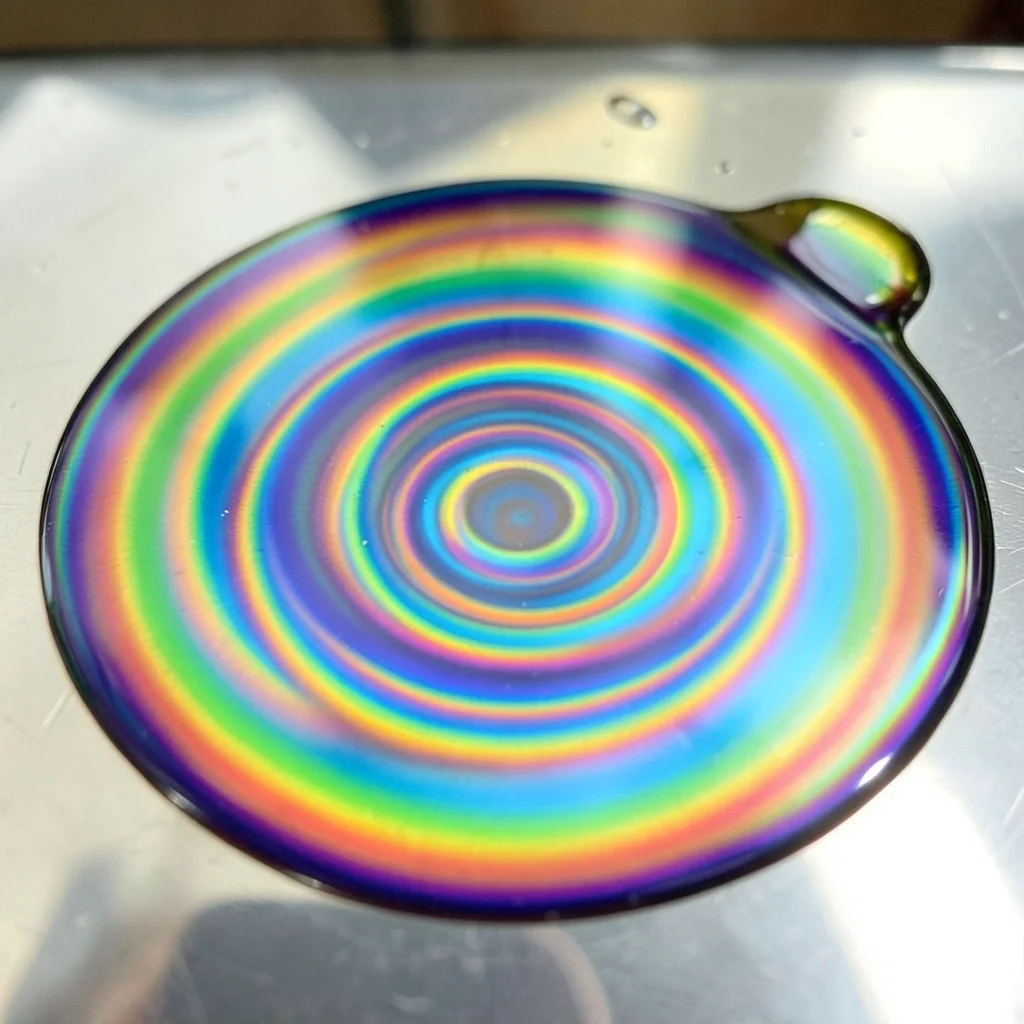 Motor oil drip on chrome surface, rainbow thin film spreading in concentric ring
