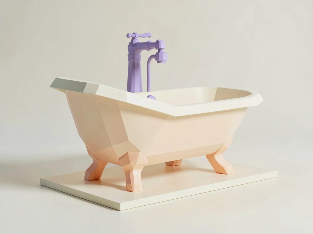 Clawfoot cream lowpoly bathtub with peach feet and a chunky lavender faucet, on 