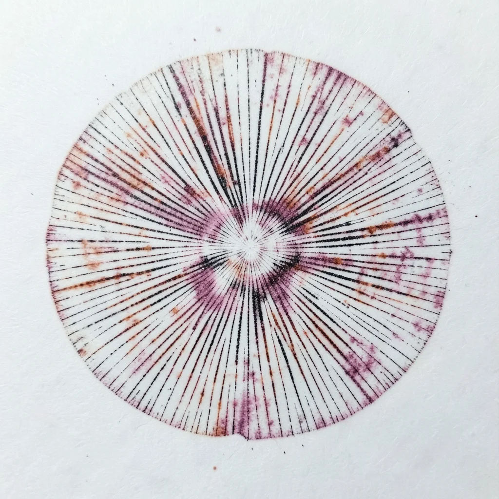 Three-quarter cap spore print, asymmetric deposit creating partial mandala, more