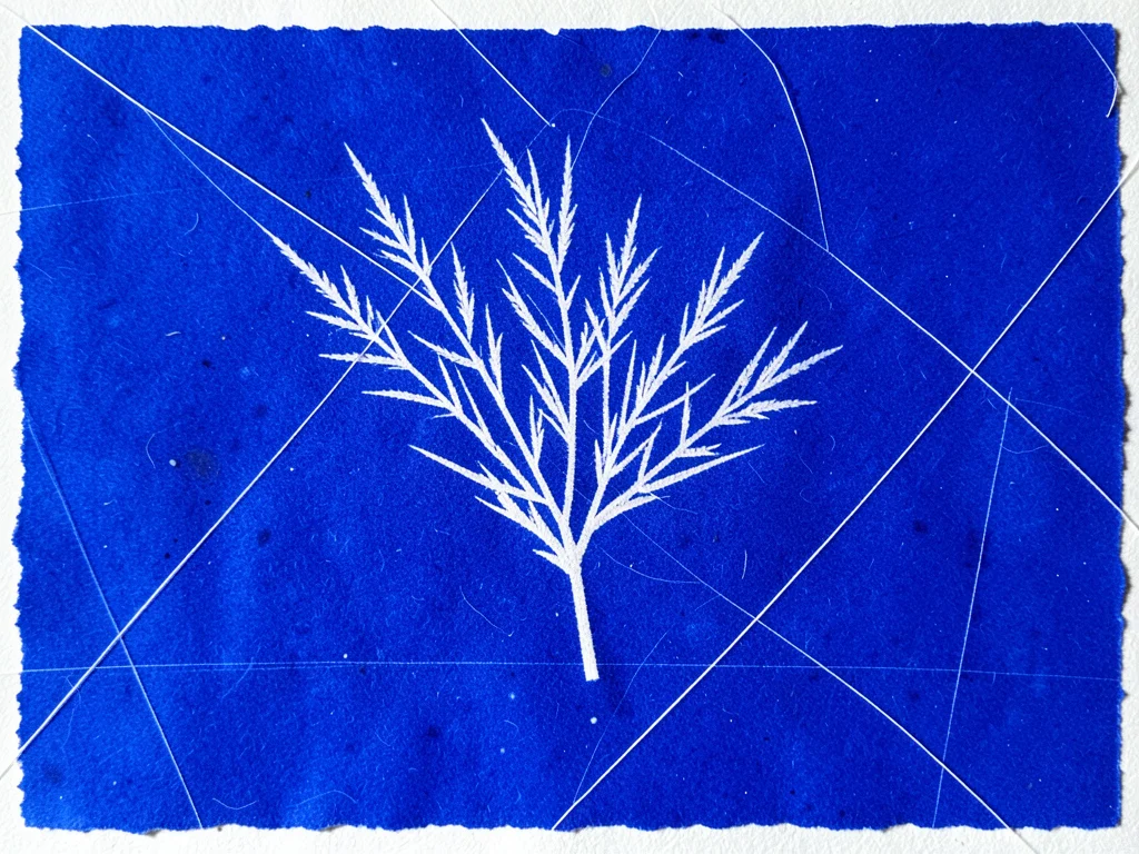 Grass stems cyanotype, thin white lines crossing the frame at angles, minimal bo