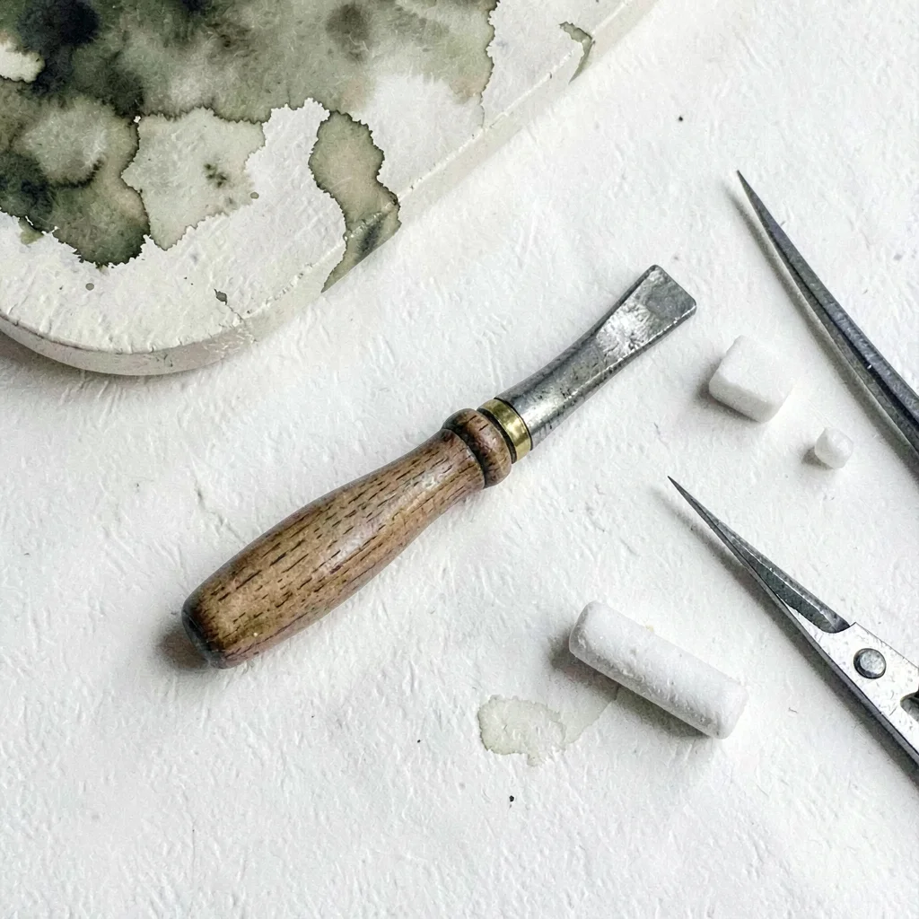 Gouache ig-tile of a tailor's awl, chalk, and lacing tool, dusty olive and ivory