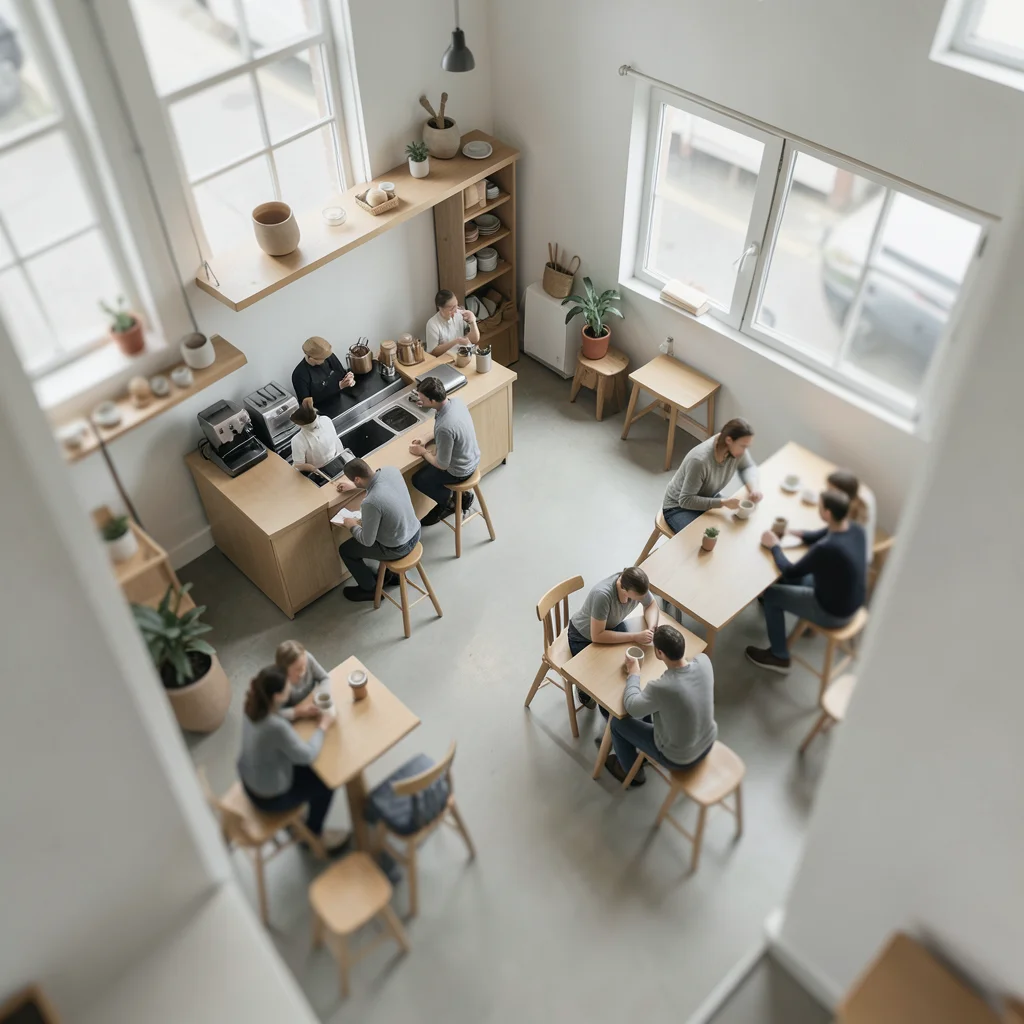 Coffee shop interior from ceiling view, tilt-shift, tiny baristas and customers