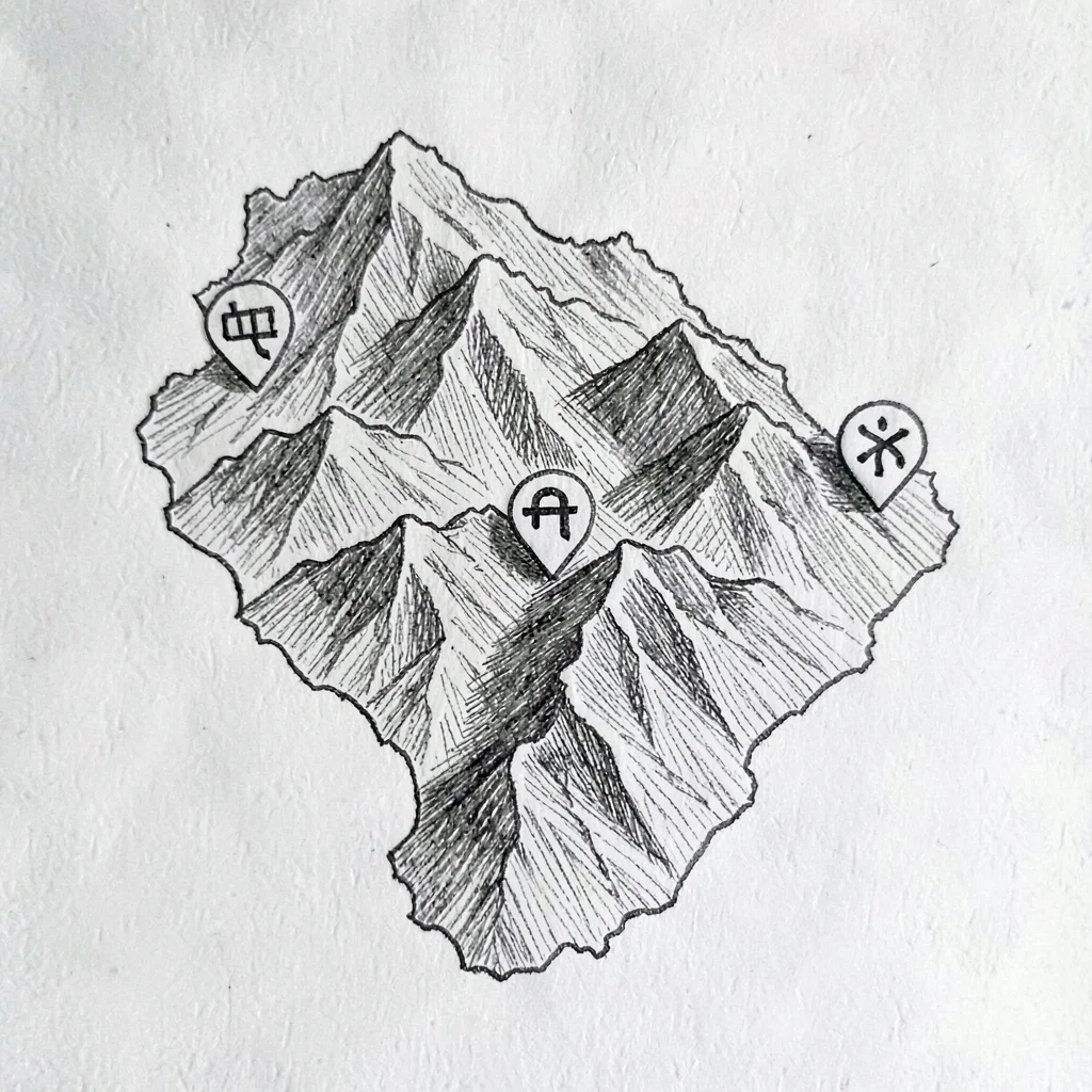 Hand-drawn literary map of a fictional country with hatched mountains and abstra