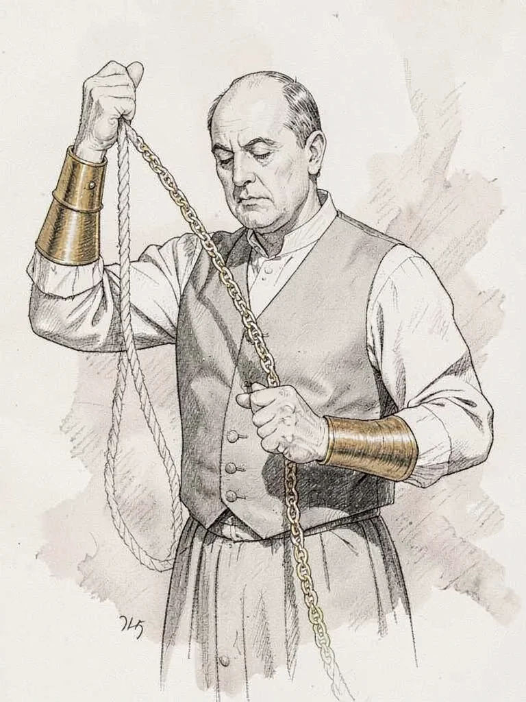 A meditative bell-ringer pulls unseen rope, brass-cuffed sleeves taut, vest-chai
