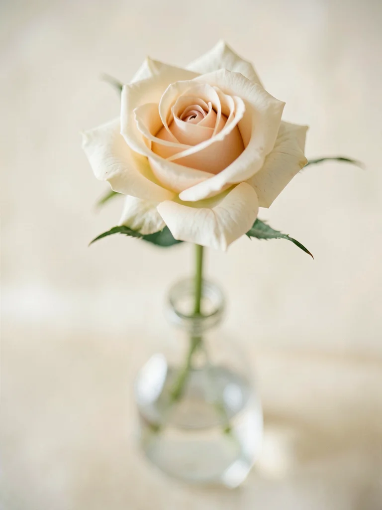 Single rose in vase, petals sharp, stem soft
