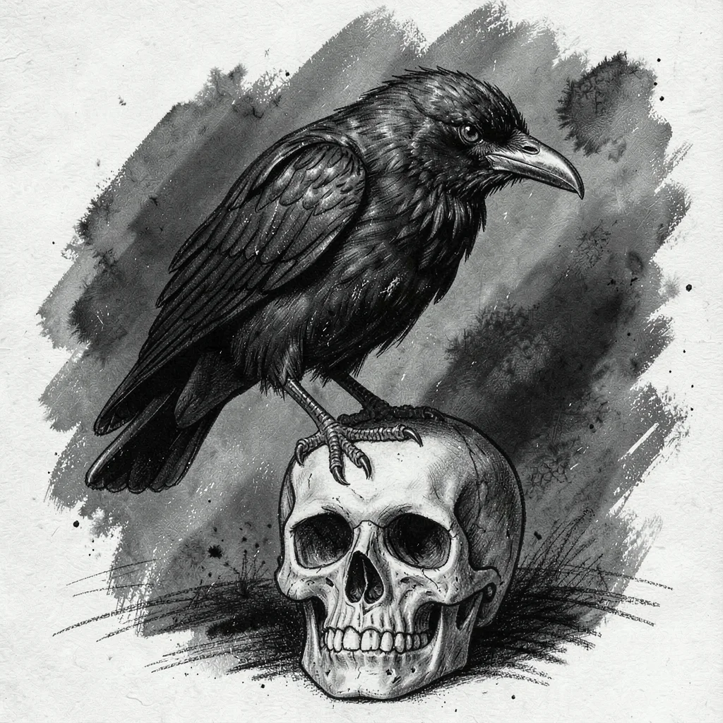 Raven perched on skull