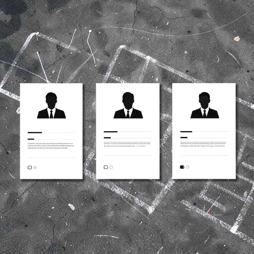 Banner-wide layout of three resume-card silhouettes evenly spaced on a chalk fie