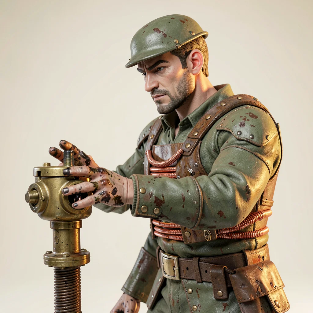 The engineer presses an oil-stained palm against a brass intake valve, copper co