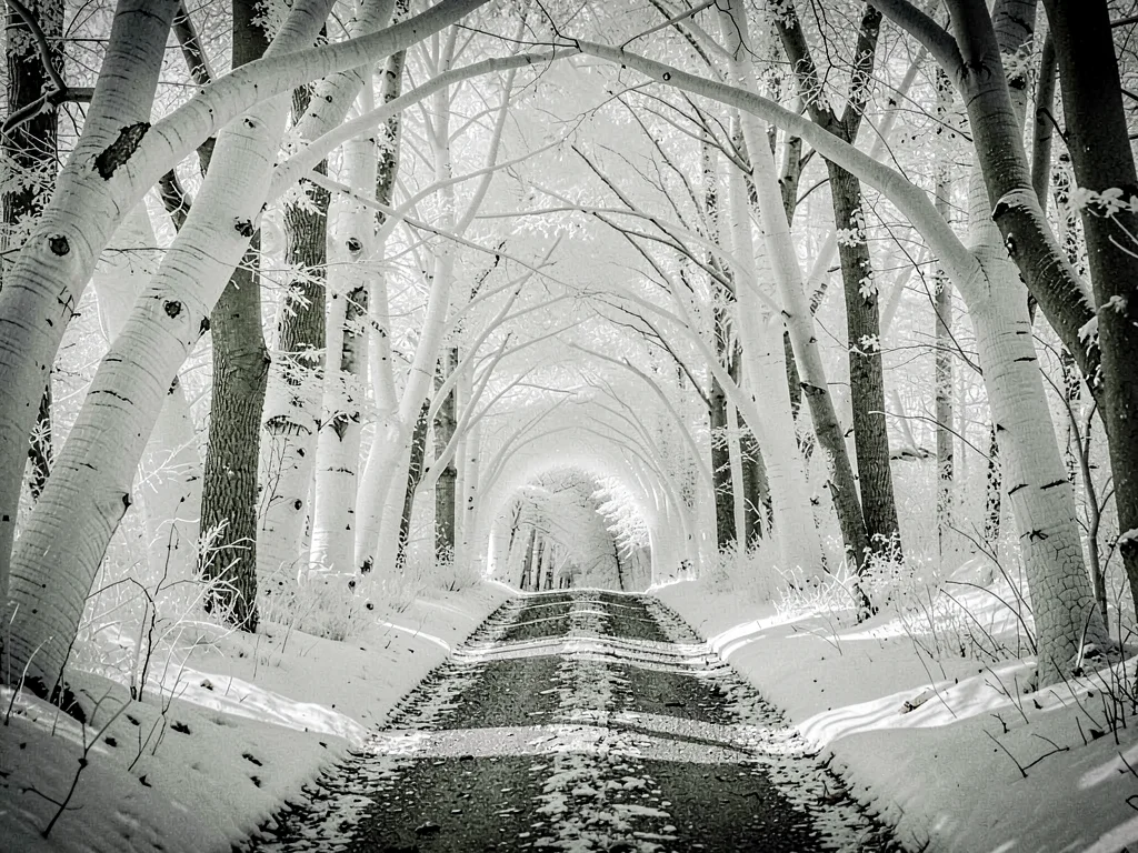 Path through white forest tunnel