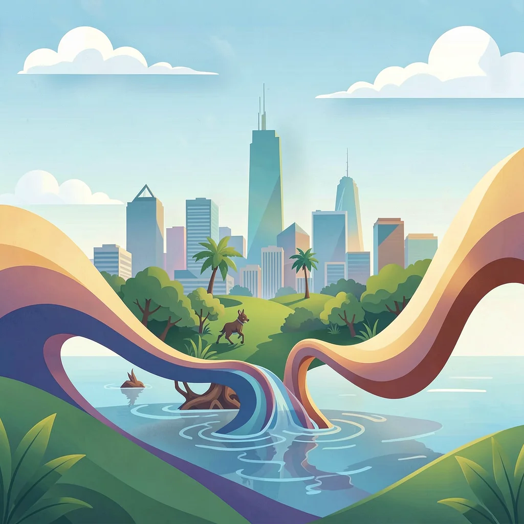 Morphing vector illustration, city dissolving into nature , smooth vector gradie