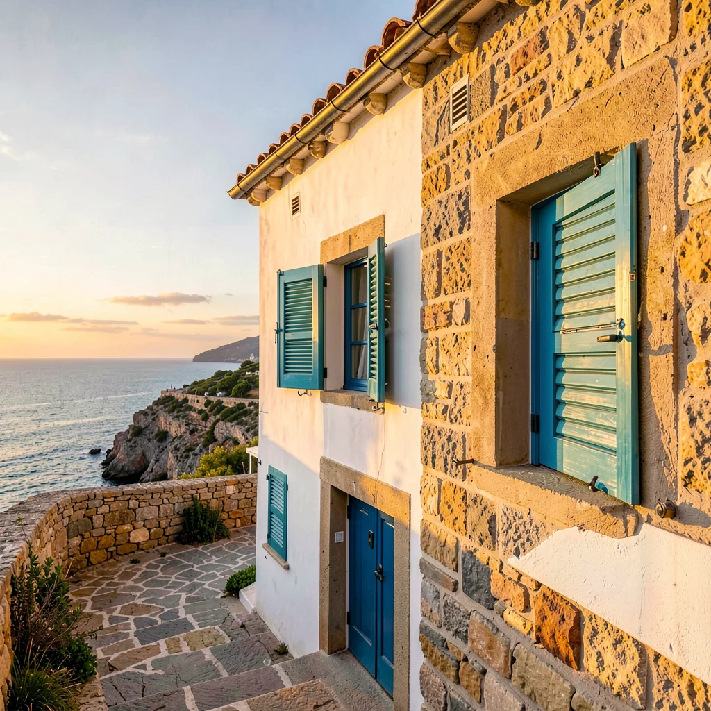 Adriatic limestone warmth, Dubrovnik honey stone, Window shutters open to sea vi