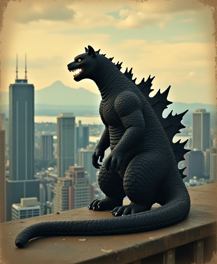 Cat sitting on vancouver skyline  gozilla poster m