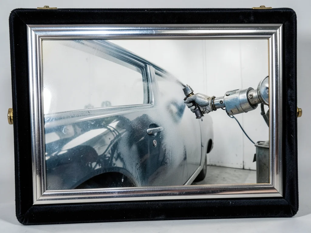 A robotic arm spray-painting a car door panel in a white booth, paint mist froze
