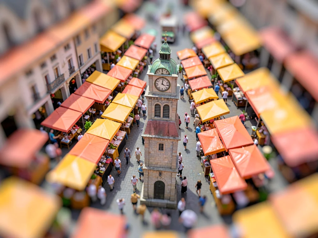 Elevated tilt-shift photograph from a clock-tower of a Sunday market, saturated 