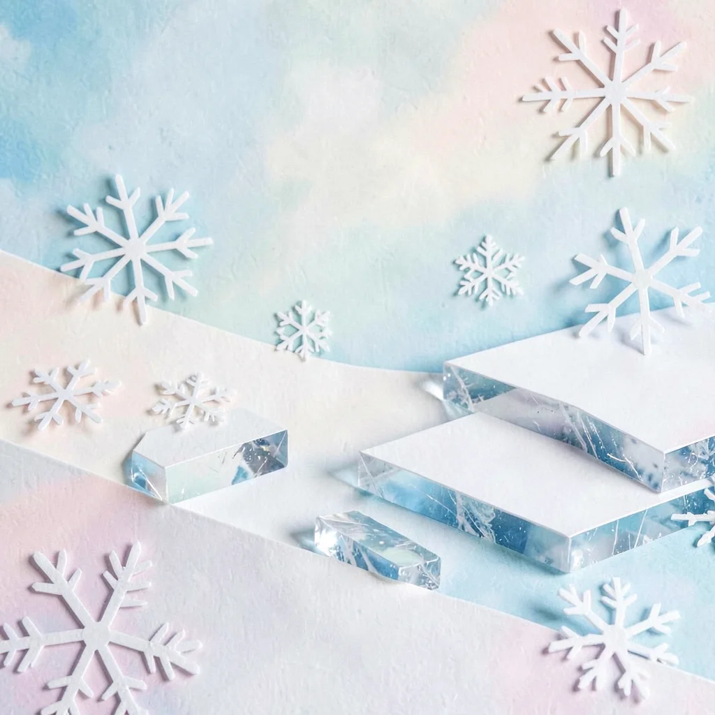 Paper-cut composition of a snow level with paper snowflakes and ice platforms