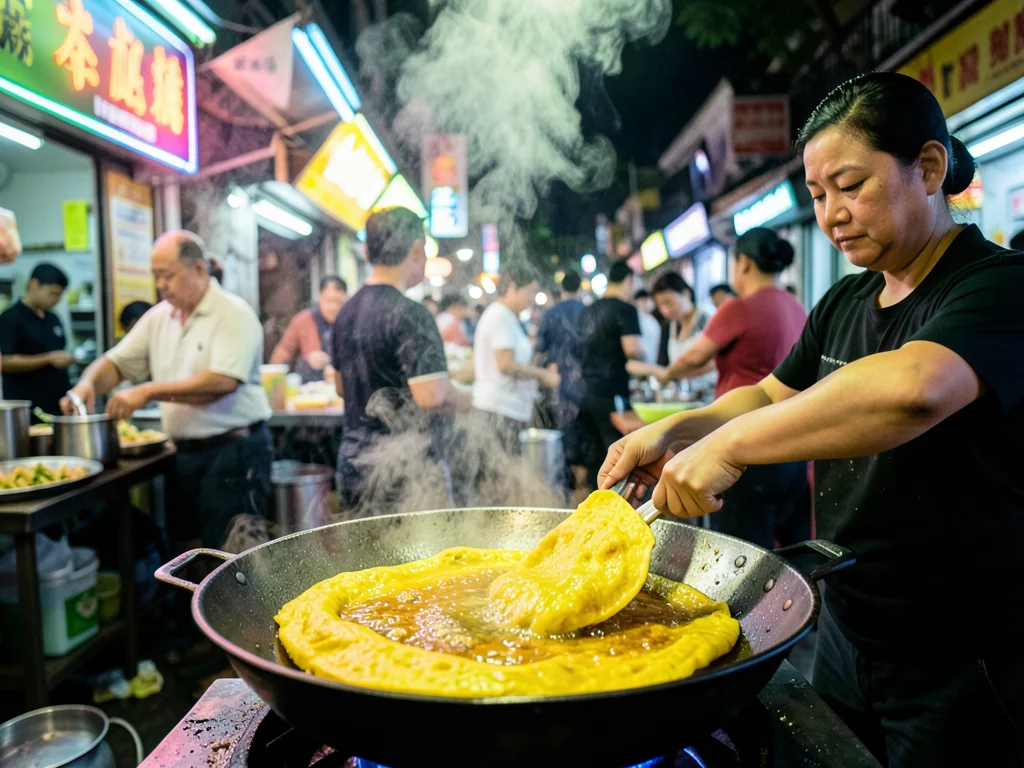A bánh xèo vendor in Hanoi, the sizzling crepe being flipped in a giant wok, tur