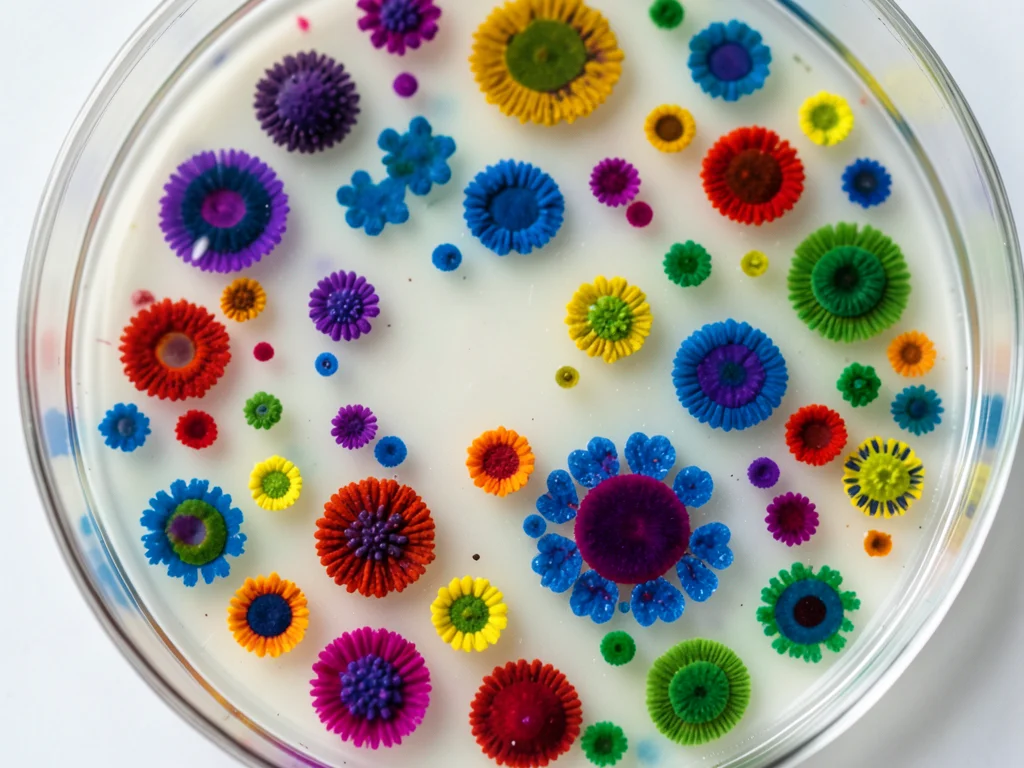 Spread plate at extreme closeup, individual well-separated colonies as distinct 