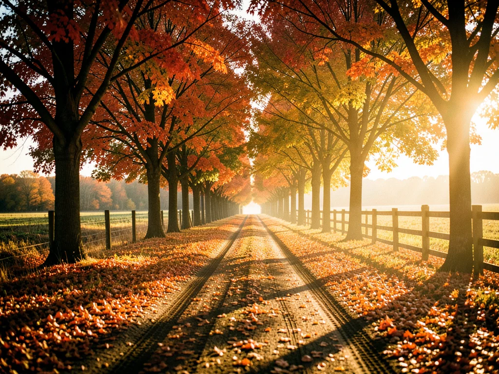 A country road lined with maple trees photographed in peak autumn, the canopy a 