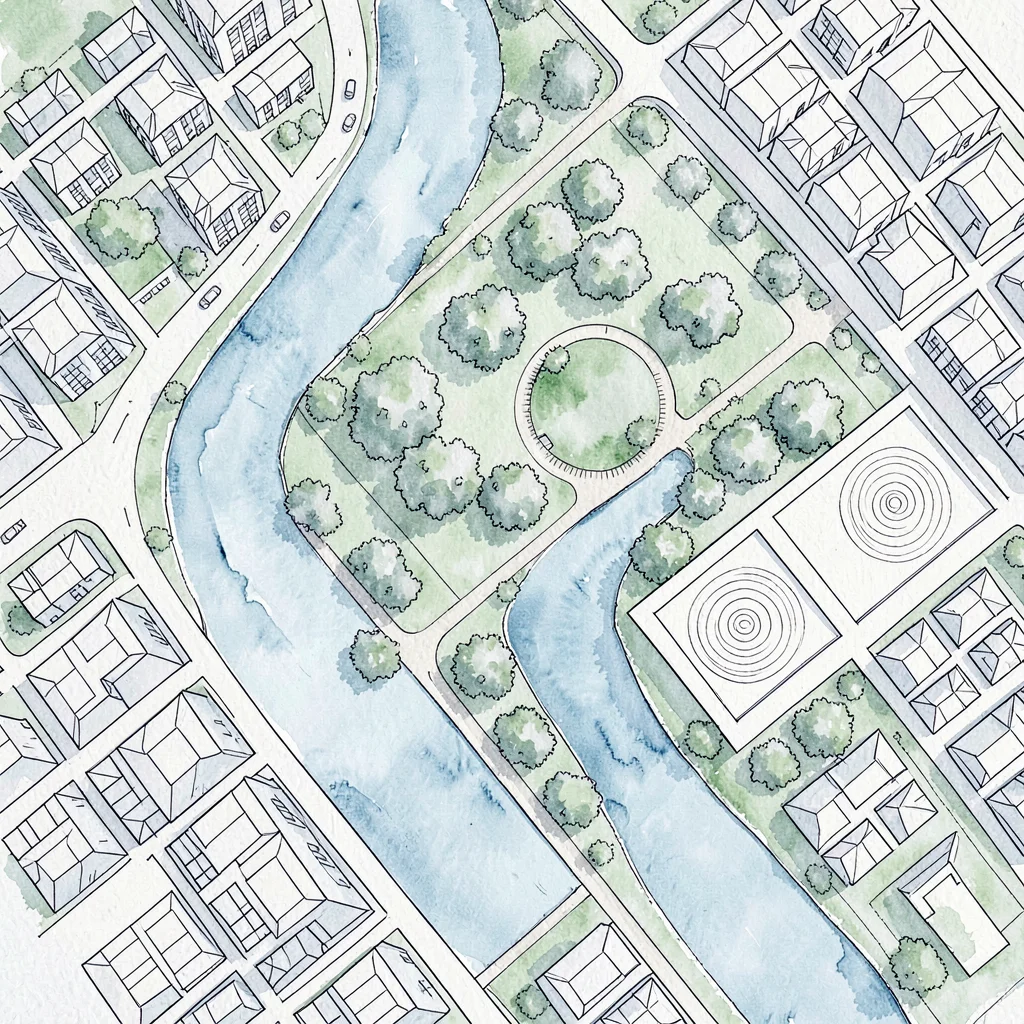 Plan view of a city neighborhood featuring a meandering river in soft blue wash,