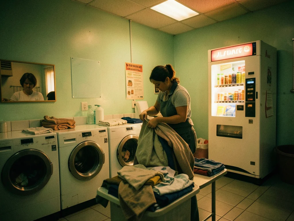 A Laundromat at 3am in mint green and warm amber, a woman folding clothes, a ven