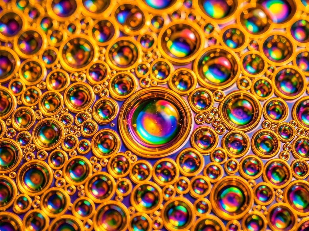 Dense oil bubble carpet on water lit from below with warm amber, honey-colored c