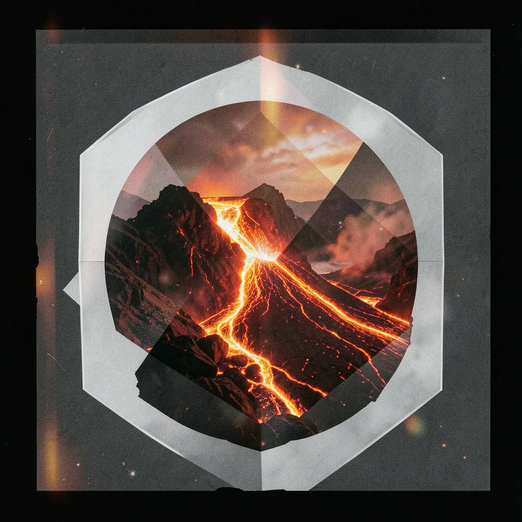 Circle containing flowing lava, molten rock glowing orange-red within clean geom
