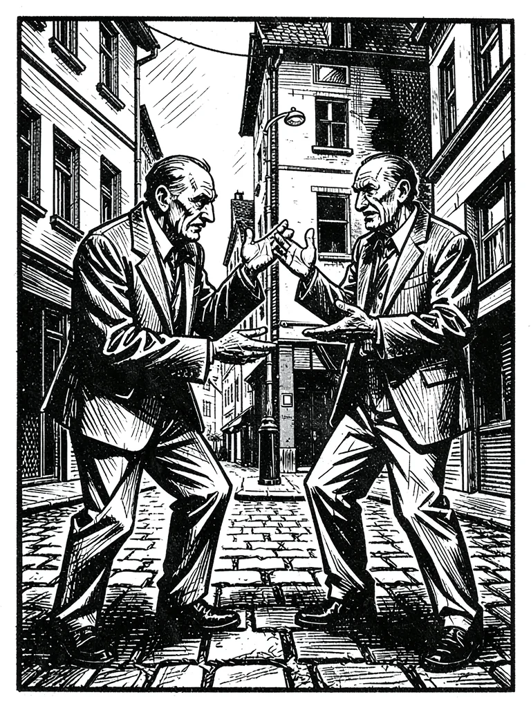Two figures arguing on a street corner, angular distorted gestures