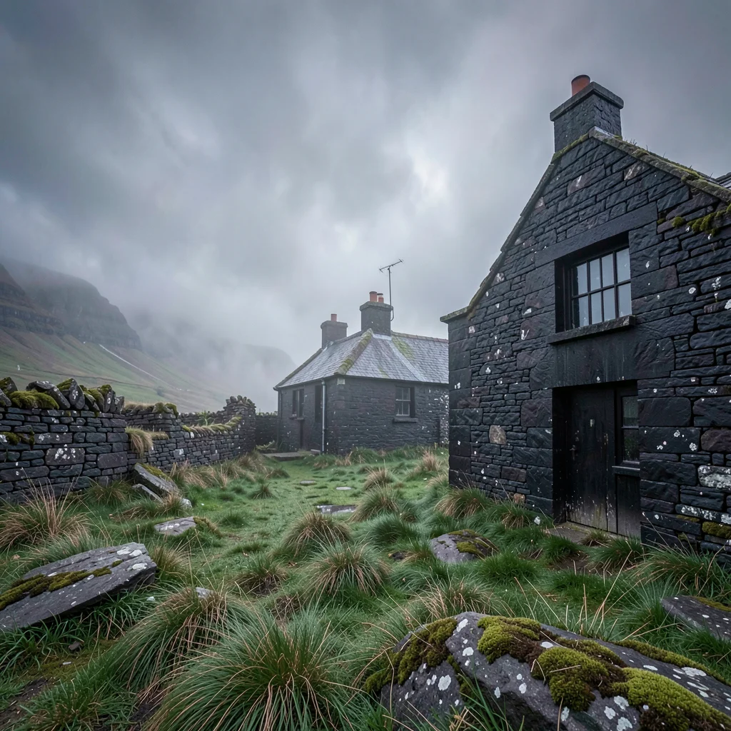Highland atmospheric mist, Skye grey-green-purple, Ruined blackhouse walls, gras