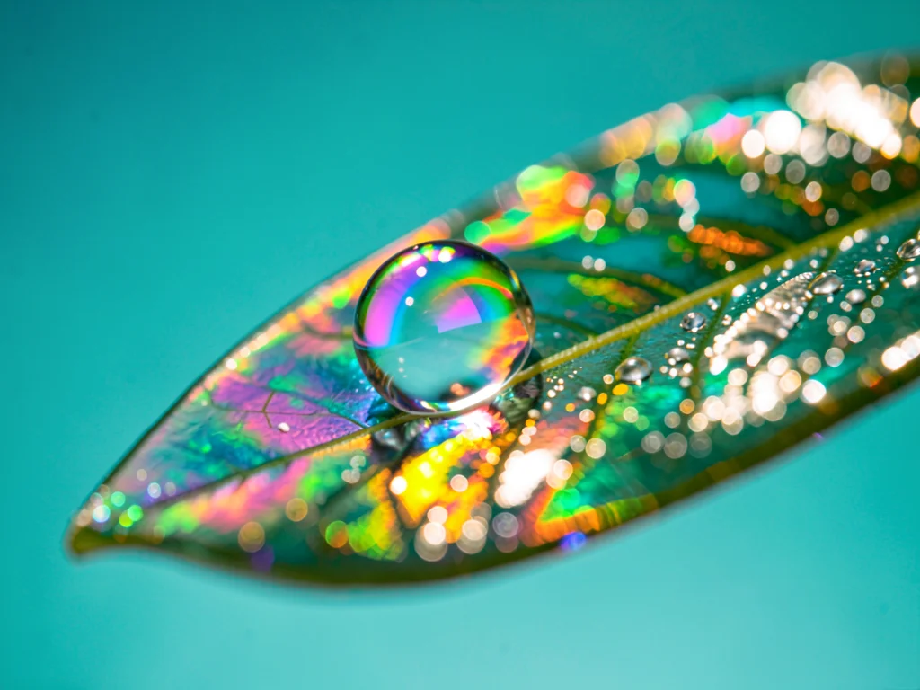 Dramatic single dewdrop on a chrome leaf casting a tiny rainbow against a tropic