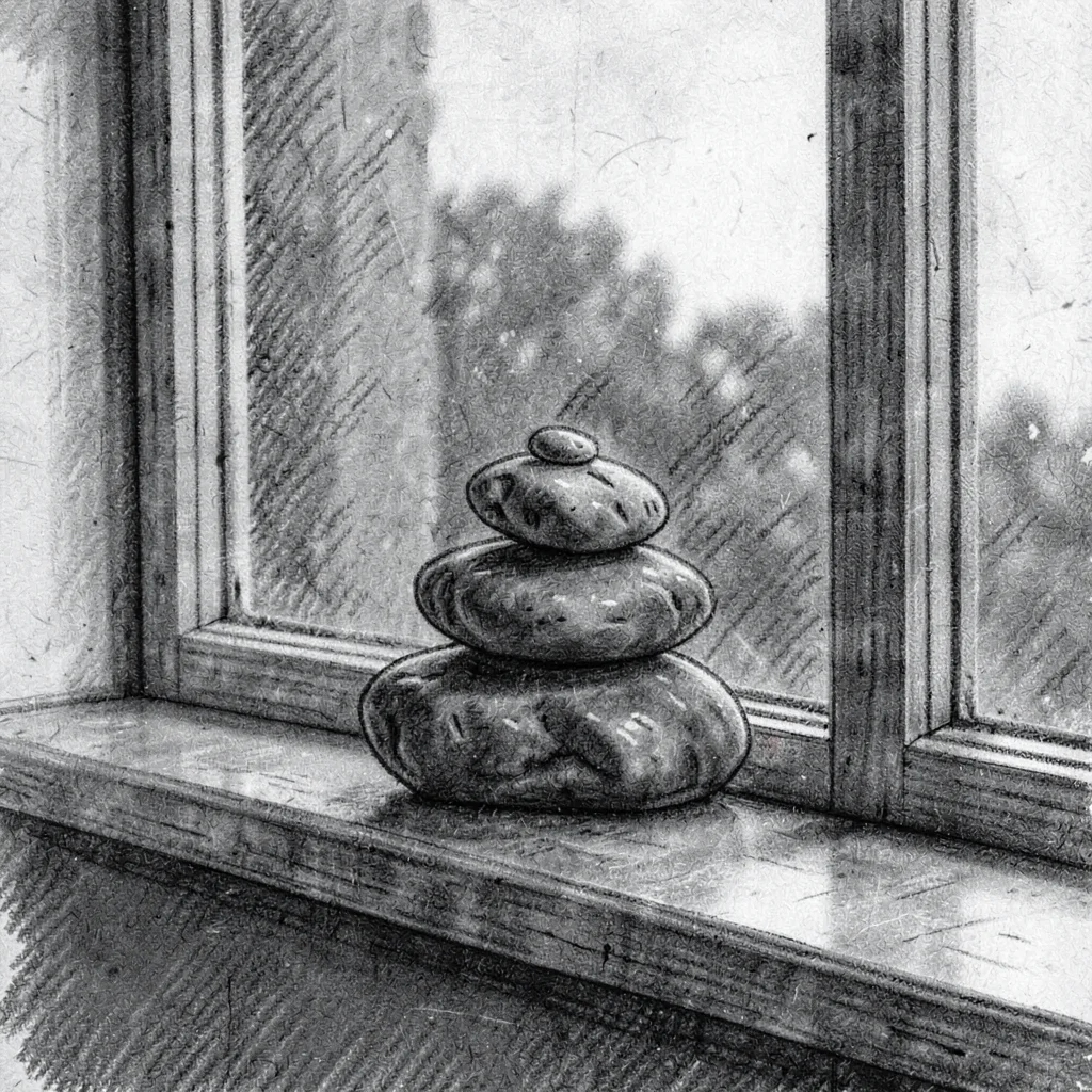 Charcoal of a small pile of stones stacked carefully on a windowsill, smudgy gra