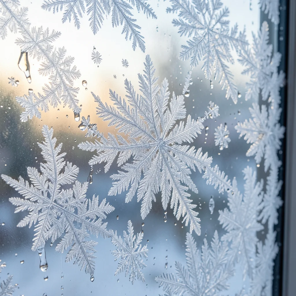 Morning frost beginning to melt: drops forming at the edges of crystal patterns,