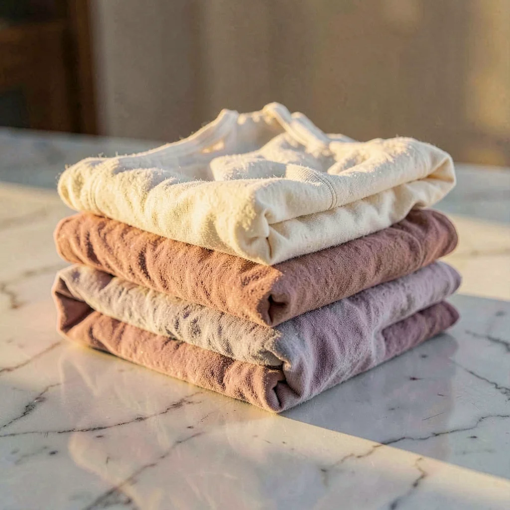 Cassia-warmstack still life of a folded stack of soft cotton briefs in bone, dus