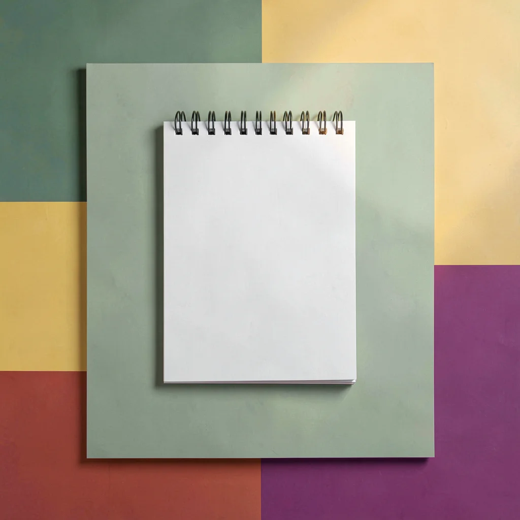Centered catalog hero of a single sketchpad on a sage-green block backdrop, soft
